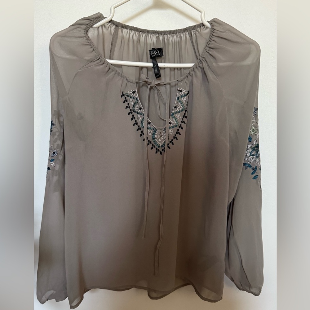 Buffalo David Bitton Embroidered Boho Sheer Blouse - Grey Taupe, Size XS